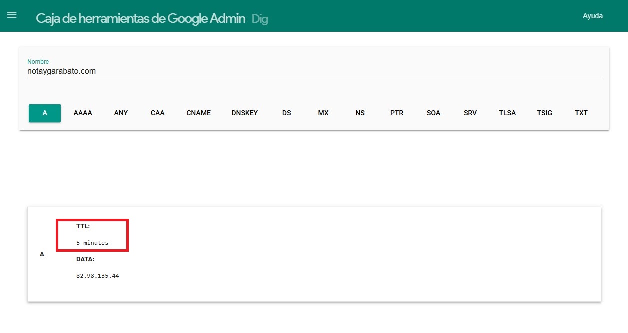 TTL dominio Google