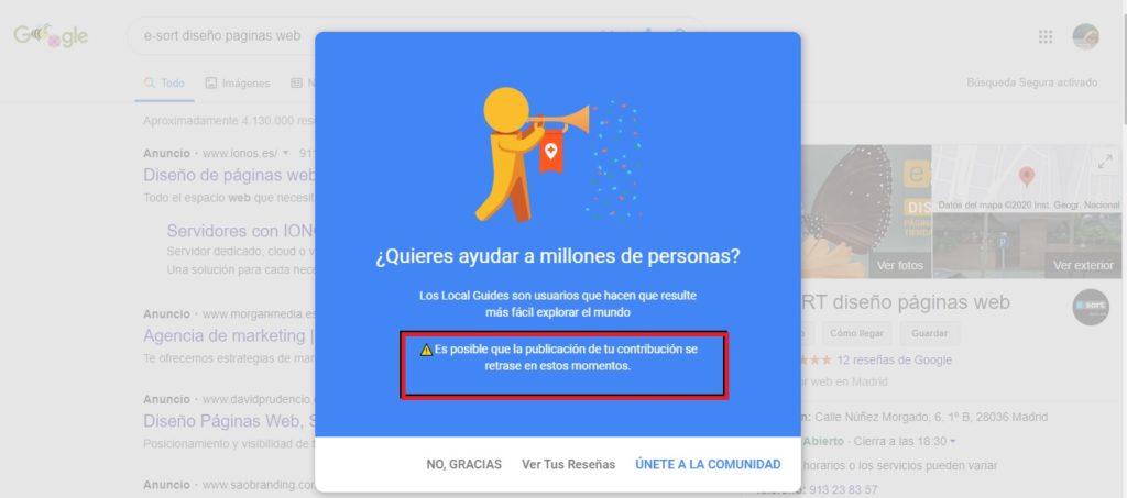 aviso reseña de Google tardará en publicarse