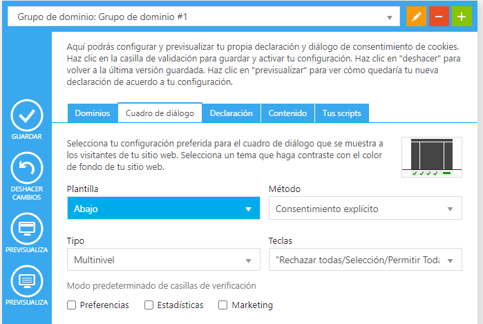 Cuadro de diálogo en Cookiebot