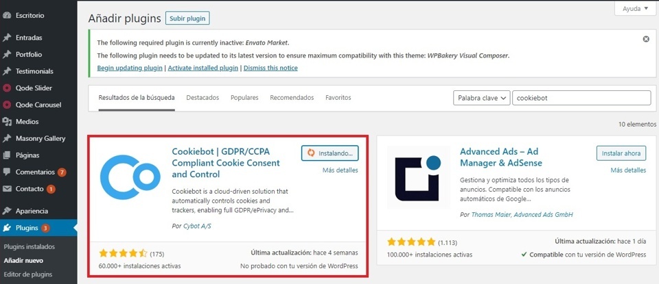 Instalar Cookiebot en WordPress
