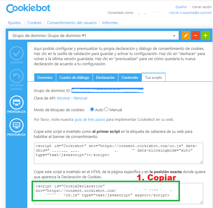 Copiar script de Cookiebot
