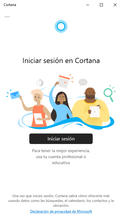 Pantalla de inicio de sesión de Cortana