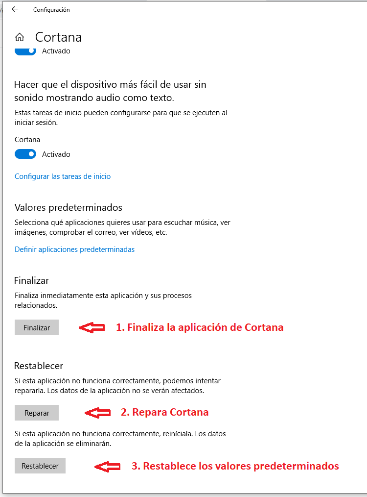 Finalizar y reparar Cortana