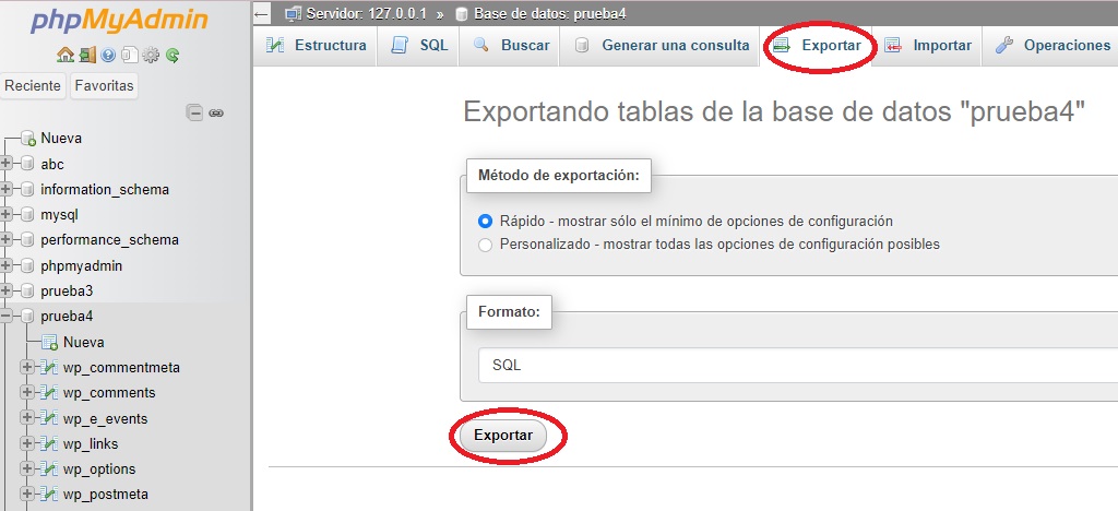 Captura de pantalla para exportar phpmyadmin